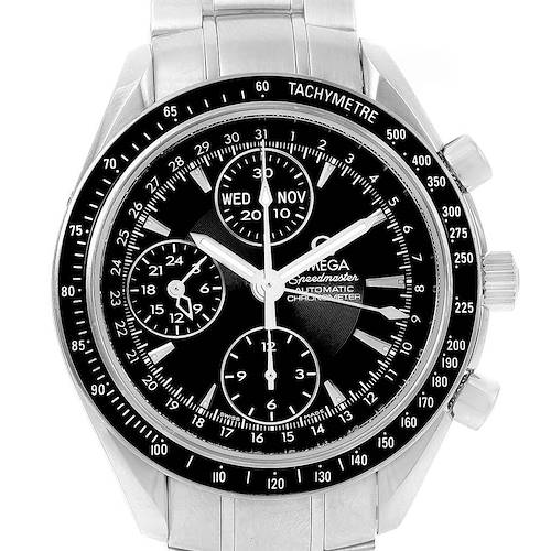 This image shows a front view of the Omega Speedmaster 3220.50.00 Men's Stainless Steel Black Dial 3220.50.00 Men's Stainless Steel Black Dial watch, highlighting the dial, subdials, tachymeter bezel, and crown.