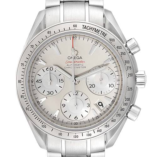 The Omega Speedmaster 323.10.40.40.02.001 Men's Stainless Steel Silver Dial 323.10.40.40.02.001 Men's Stainless Steel Silver Dial watch is shown from a front angle, displaying its dial, subdials, bezel, and part of the bracelet.