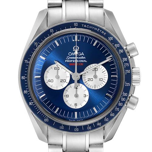 The image shows a frontal view of an Omega Speedmaster 3565.80.00 Men's Stainless Steel Blue Dial 3565.80.00 Men's Stainless Steel Blue Dial Professional watch, highlighting the dial, tachymeter, and chronograph sub-dials.