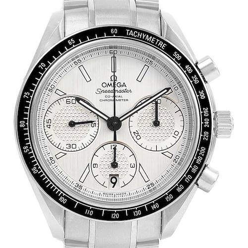 The Omega Speedmaster 326.30.40.50.02.001 Men's Stainless Steel Silver Dial 326.30.40.50.02.001 Men's Stainless Steel Silver Dial watch is shown from the front, displaying the dial, tachymeter bezel, and metal bracelet.