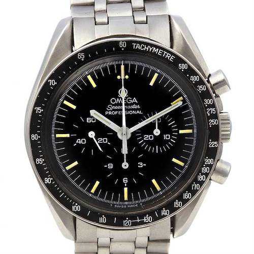 This image shows a front view of the Omega Speedmaster Men's Stainless Steel Black Dial Men's Stainless Steel Black Dial Professional watch, highlighting its black dial, tachymeter bezel, and steel bracelet.