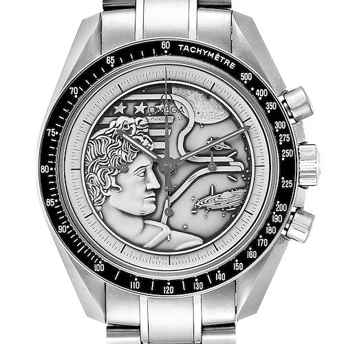 This image shows a front view of an Omega Speedmaster 311.30.42.30.99.002 Men's Stainless Steel Silver Dial 311.30.42.30.99.002 Men's Stainless Steel Silver Dial watch, displaying the bezel, dial, hands, and bracelet.