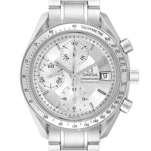 The image shows a front view of the Omega Speedmaster 3513.30.00 Men's Stainless Steel Silver Dial 3513.30.00 Men's Stainless Steel Silver Dial watch, featuring its dial, subdials, tachymeter bezel, and metal bracelet.
