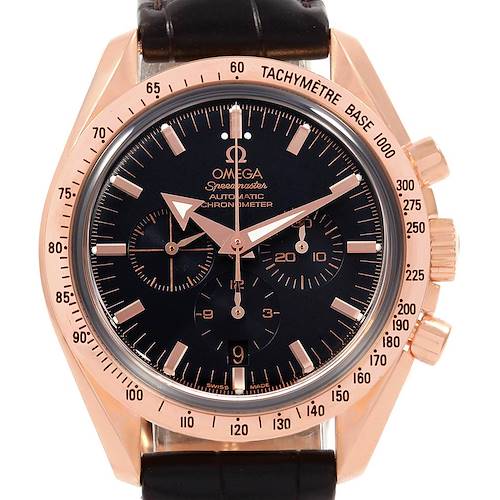 The image shows a front view of the Omega Speedmaster 3653.80.33 Men's Rose Gold Black Dial 3653.80.33 Men's Rose Gold Black Dial watch, highlighting its dial, bezel, chronograph subdials, and leather strap.