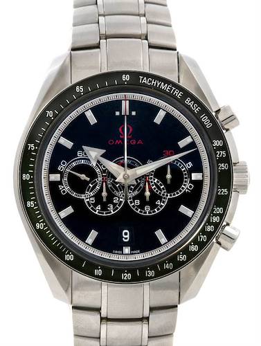 This Omega Speedmaster 321.30.44.52.01.001 Men's Stainless Steel Black Dial 321.30.44.52.01.001 Men's Stainless Steel Black Dial watch is shown from a front angle, displaying the face, including subdials, tachymeter scale, and bracelet.