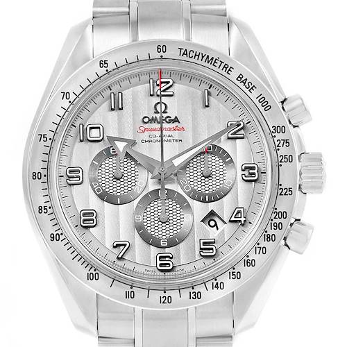 This image shows a frontal view of the Omega Speedmaster 321.10.44.50.02.001 Men's Stainless Steel Silver Dial 321.10.44.50.02.001 Men's Stainless Steel Silver Dial watch, highlighting its dial, subdials, and tachymeter bezel.