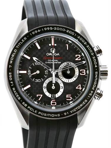 The image shows a front view of the Omega Speedmaster 321.32.44.50.01.001 Men's Stainless Steel Black Dial 321.32.44.50.01.001 Men's Stainless Steel Black Dial watch, featuring its dial, bezel, and rubber strap.