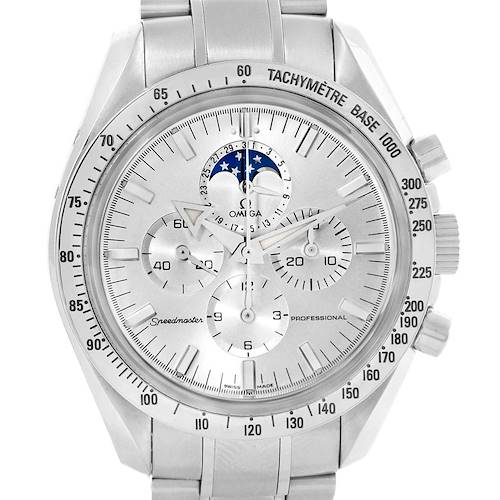 This image shows a frontal view of the Omega Speedmaster 3575.30.00 Men's Stainless Steel Silver Dial 3575.30.00 Men's Stainless Steel Silver Dial watch, highlighting the dial, subdials, crown, and tachymeter bezel.