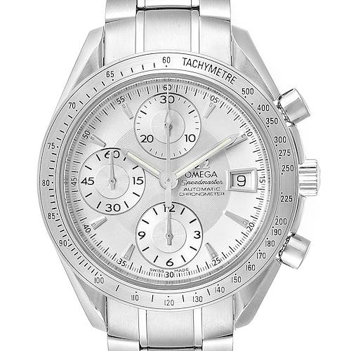 The Omega Speedmaster 3211.30.00 Men's Stainless Steel Silver Dial 3211.30.00 Men's Stainless Steel Silver Dial watch is shown from a front angle, highlighting the dial, tachymeter, and chronograph sub-dials.