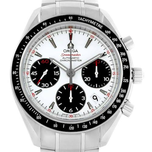 The image shows a frontal view of the Omega Speedmaster 323.30.40.40.04.001 Men's Stainless Steel White Dial 323.30.40.40.04.001 Men's Stainless Steel White Dial, highlighting its dial, sub-dials, bezel, and bracelet.