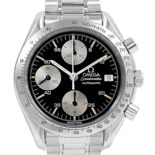 The Omega Speedmaster 3511.50.00 Men's Stainless Steel Black Dial 3511.50.00 Men's Stainless Steel Black Dial watch is shown from the front, highlighting the dial, subdials, bezel, and bracelet.