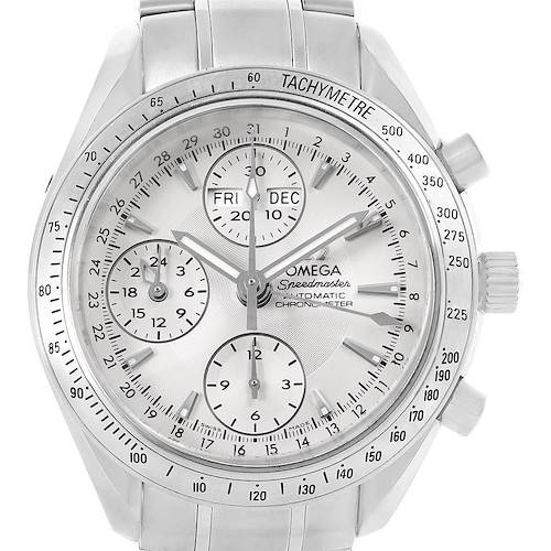 This image shows a frontal view of the Omega Speedmaster 3221.30.00 Men's Stainless Steel Silver Dial 3221.30.00 Men's Stainless Steel Silver Dial watch, displaying the dial, sub-dials, tachymeter scale, and crown.