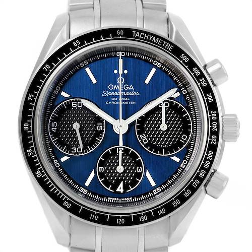 The image shows a frontal view of an Omega Speedmaster 326.30.40.50.03.001 Men's Stainless Steel Blue Dial 326.30.40.50.03.001 Men's Stainless Steel Blue Dial watch highlighting its dial, hands, sub-dials, and tachymeter bezel.