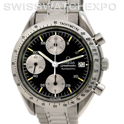 The image shows a front view of the Omega Speedmaster 3511.   50.   00 Men's Stainless Steel Black Dial 3511.   50.   00 Men's Stainless Steel Black Dial watch, displaying the dial, tachymeter, subdials, and bracelet.