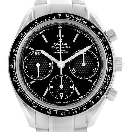 The Omega Speedmaster 326.30.40.50.01.001 Men's Stainless Steel Black Dial 326.30.40.50.01.001 Men's Stainless Steel Black Dial watch is shown from a front angle, displaying the dial, chronograph subdials, and tachymeter bezel.