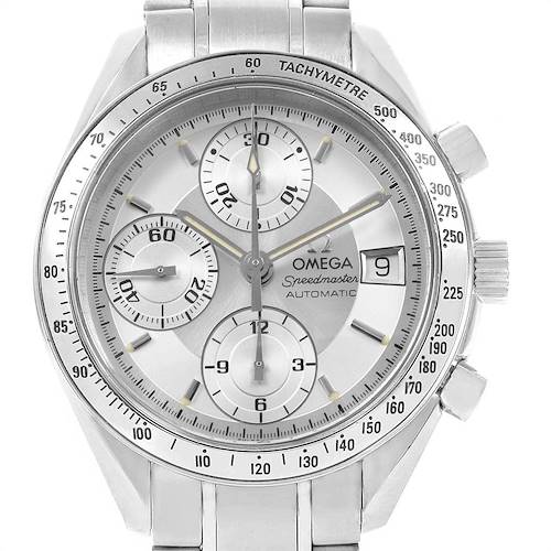 The image shows the front view of an Omega Speedmaster 3513.30.00 Men's Stainless Steel Silver Dial 3513.30.00 Men's Stainless Steel Silver Dial watch, highlighting its dial, sub-dials, date window, and tachymeter bezel.