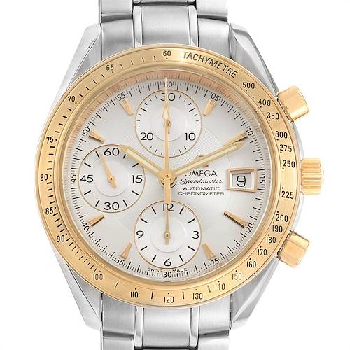 The image shows a front view of the Omega Speedmaster 323.21.40.40.02.001 Men's Steel and Gold (two tone) Silver Dial 323.21.40.40.02.001 Men's Steel and Gold (two tone) Silver Dial watch, highlighting its gold tachymeter bezel, chronograph dials, and date window.