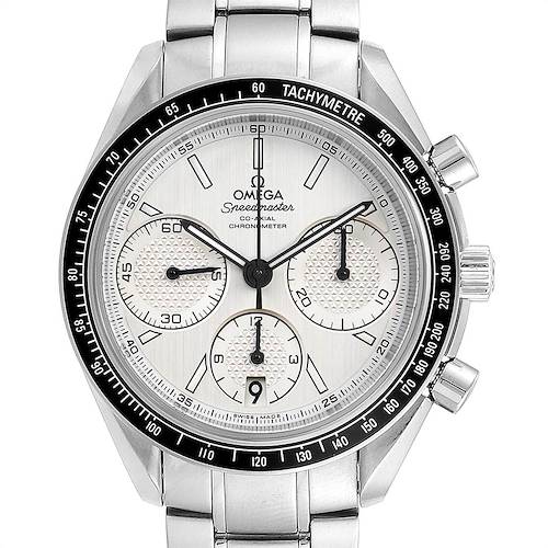 The image shows a front view of an Omega Speedmaster 326.30.40.50.02.001 Men's Stainless Steel Silver Dial 326.30.40.50.02.001 Men's Stainless Steel Silver Dial watch, highlighting its dial, bezel, chronograph subdials, and bracelet.