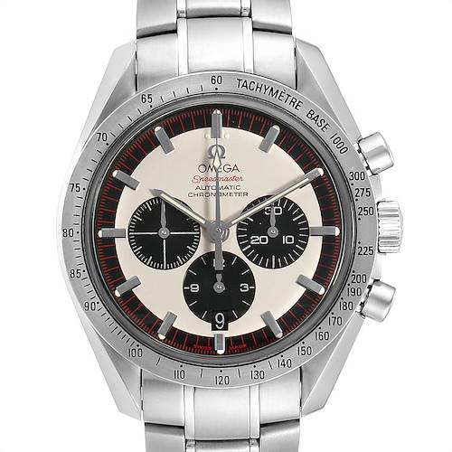 This image shows a frontal view of the Omega Speedmaster 3559.32.00 Men's Stainless Steel Silver Dial 3559.32.00 Men's Stainless Steel Silver Dial watch, displaying its dial, bezel, pushers, and bracelet.