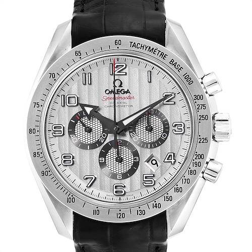 The image shows a frontal view of an Omega Speedmaster 321.13.44.50.02.001 Men's Stainless Steel Silver Dial 321.13.44.50.02.001 Men's Stainless Steel Silver Dial watch, highlighting its dial, tachymeter, and pushers.