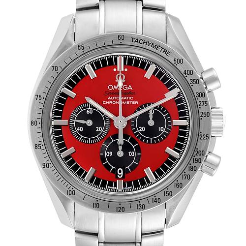 The image shows a front view of an Omega Speedmaster 3506.61.00 Men's Stainless Steel Red Dial 3506.61.00 Men's Stainless Steel Red Dial watch with a red dial and silver stainless steel bracelet.