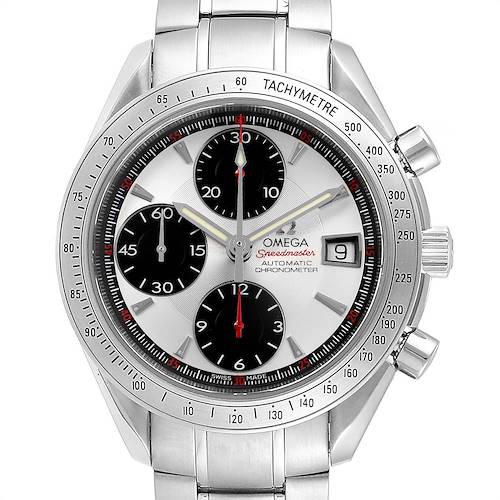 The Omega Speedmaster 3211.31.00 Men's Stainless Steel Silver Dial 3211.31.00 Men's Stainless Steel Silver Dial watch is shown from a front angle, highlighting its dial, subdials, date window, and stainless steel bracelet.
