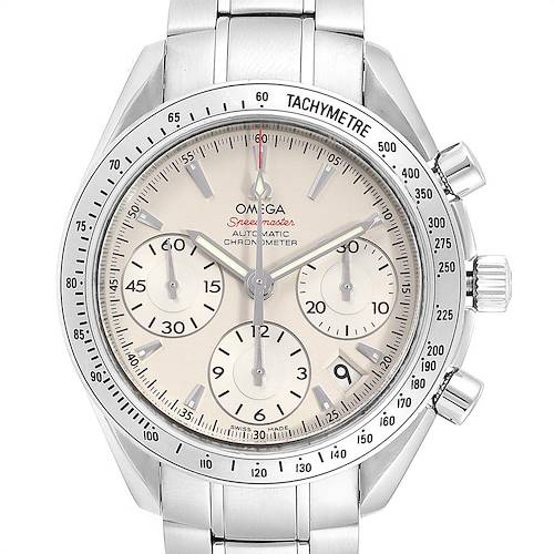 The image shows a front view of an Omega Speedmaster 323.10.40.40.02.001 Men's Stainless Steel Silver Dial 323.10.40.40.02.001 Men's Stainless Steel Silver Dial watch, highlighting its face, chronograph dials, and tachymetre bezel.