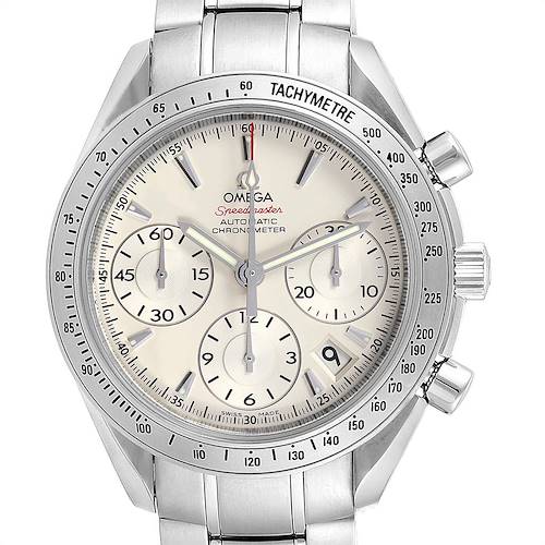 The image shows the front view of an Omega Speedmaster 323.10.40.40.02.001 Men's Stainless Steel Silver Dial 323.10.40.40.02.001 Men's Stainless Steel Silver Dial watch, including its dial, tachymetre bezel, chronograph subdials, and stainless steel bracelet.