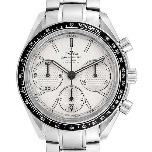 The image shows a front view of an Omega Speedmaster 326.30.40.50.02.001 Men's Stainless Steel Silver Dial 326.30.40.50.02.001 Men's Stainless Steel Silver Dial watch, highlighting its dial, subdials, tachymeter bezel, and stainless-steel bracelet.