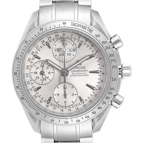 The image shows a front view of an Omega Speedmaster 3221.30.00 Men's Stainless Steel Silver Dial 3221.30.00 Men's Stainless Steel Silver Dial watch, featuring a tachymeter, chronograph sub-dials, and a metal bracelet.