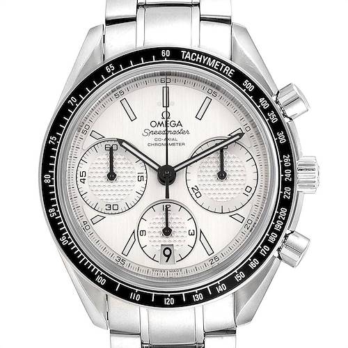 This Omega Speedmaster 326.30.40.50.01.001 Men's Stainless Steel Silver Dial 326.30.40.50.01.001 Men's Stainless Steel Silver Dial watch is shown from the front angle, displaying its tachymeter, chronograph, and date window.