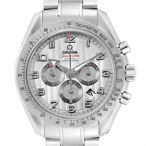 The Omega Speedmaster 321.10.44.50.02.001 Men's Stainless Steel Silver Dial 321.10.44.50.02.001 Men's Stainless Steel Silver Dial watch is shown from a front angle, highlighting its dial, bezel, and bracelet.