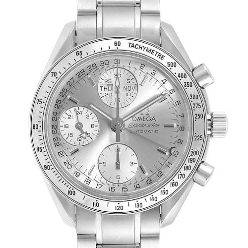 This image shows a frontal view of an Omega Speedmaster 3523.30.00 Men's Stainless Steel Silver Dial 3523.30.00 Men's Stainless Steel Silver Dial watch, displaying the face, tachymeter, and metal bracelet.