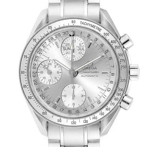 The Omega Speedmaster 3523.30.00 Men's Stainless Steel Silver Dial 3523.30.00 Men's Stainless Steel Silver Dial watch is shown from the front, displaying the dial, tachymeter bezel, subdials, and part of the bracelet.