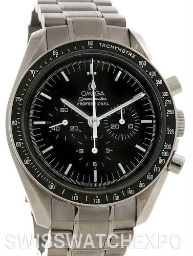 This image shows a front angle view of the Omega Speedmaster SPEEDMASTER PROFESSIONAL Men's Stainless Steel Black Dial SPEEDMASTER PROFESSIONAL Men's Stainless Steel Black Dial watch, highlighting the dial, bezel, and bracelet.