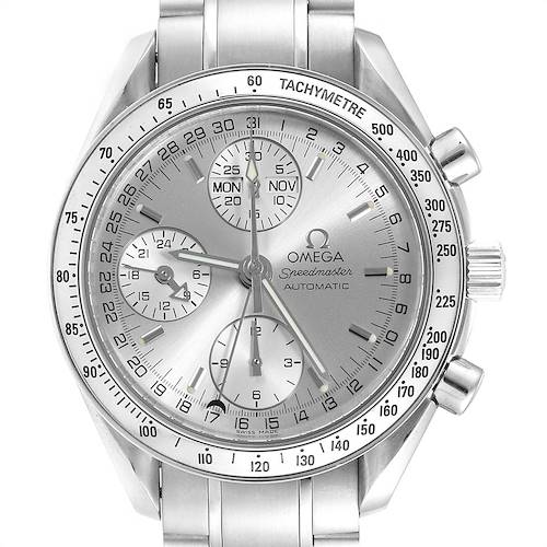 The image shows a front view of the Omega Speedmaster 3523.30.00 Men's Stainless Steel Silver Dial 3523.30.00 Men's Stainless Steel Silver Dial watch, displaying its dial, subdials, tachymeter bezel, and stainless steel bracelet.