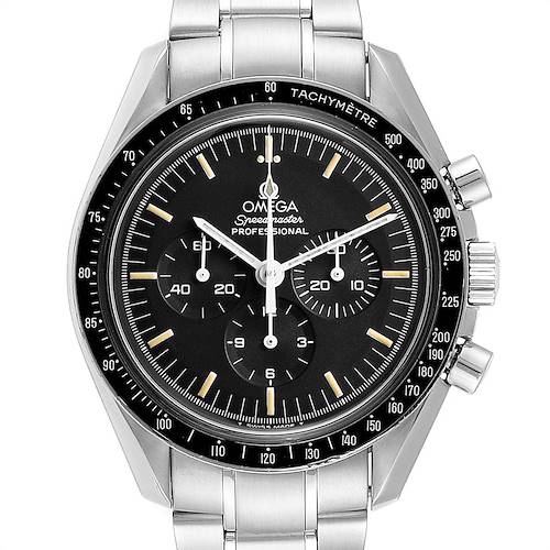 The Omega Speedmaster 145.022 Men's Stainless Steel Black Dial 145.022 Men's Stainless Steel Black Dial watch is shown from a front angle, displaying its dial, tachymeter bezel, and stainless steel bracelet.