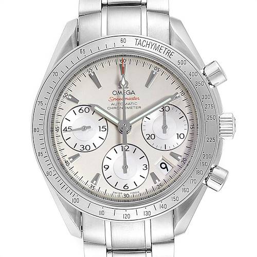 The image shows a front view of an Omega Speedmaster 323.10.40.40.02.001 Men's Stainless Steel Silver Dial 323.10.40.40.02.001 Men's Stainless Steel Silver Dial watch, displaying the dial, chronograph subdials, and tachymeter.