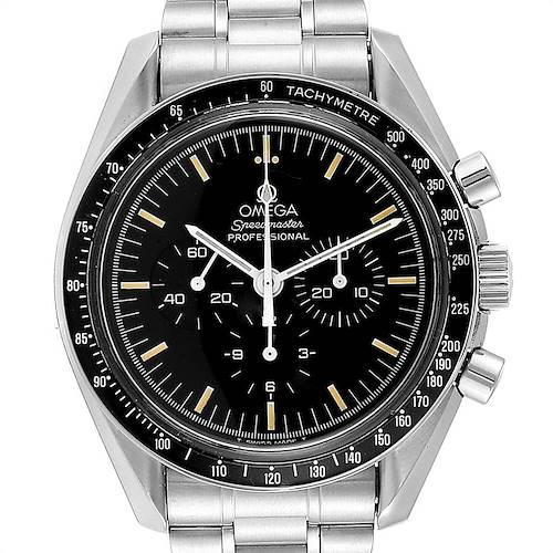 This is a close-up front view of an Omega Speedmaster Men's Stainless Steel Black Dial Men's Stainless Steel Black Dial watch, showing its face, bezel, and part of the bracelet.
