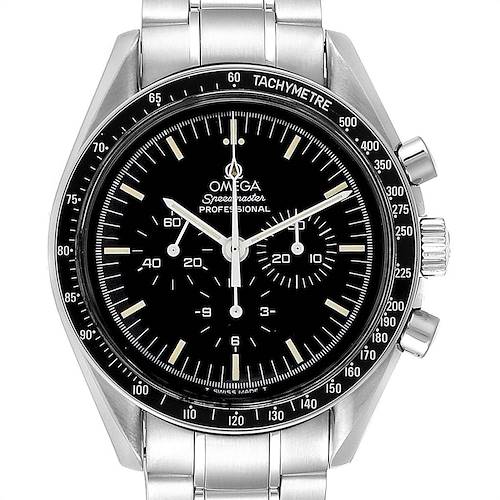 The Omega Speedmaster 3590.50.00 Men's Stainless Steel Black Dial 3590.50.00 Men's Stainless Steel Black Dial watch is shown from a front angle, displaying the dial, bezel, pushers, crown, and bracelet.