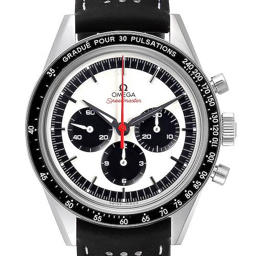 This image shows the front view of an Omega Speedmaster 311.32.40.30.02.001 Men's Stainless Steel Silver Dial 311.32.40.30.02.001 Men's Stainless Steel Silver Dial watch, displaying its dial, bezel, and chronograph sub-dials.