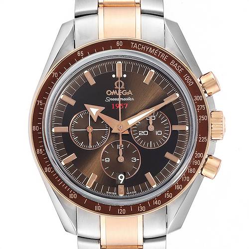 The image shows a close-up, front view of an Omega Speedmaster 321.90.42.50.13.001 Men's Steel and Gold (two tone) Brown Dial 321.90.42.50.13.001 Men's Steel and Gold (two tone) Brown Dial watch highlighting its dial, bezel, and part of its bracelet.