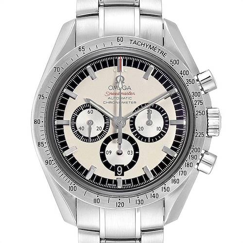 The image shows a front view of an Omega Speedmaster 3506.31.00 Men's Stainless Steel Silver Dial 3506.31.00 Men's Stainless Steel Silver Dial watch, highlighting the dial, tachymètre bezel, and stainless steel bracelet.