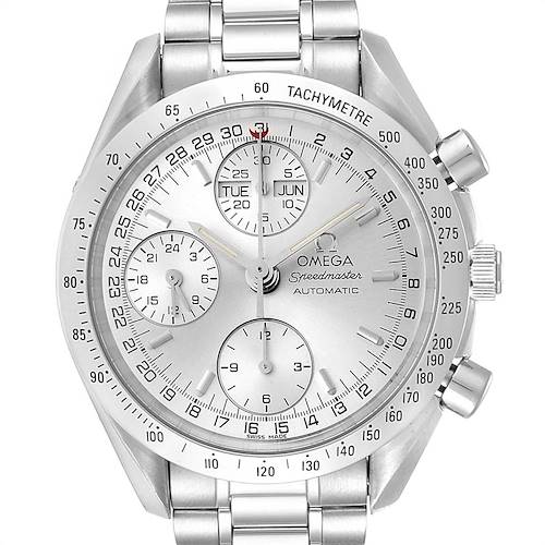 This image shows the front view of an Omega Speedmaster 3523.30.00 Men's Stainless Steel Silver Dial 3523.30.00 Men's Stainless Steel Silver Dial watch with its dial, subdials, bracelet, and crown visible.
