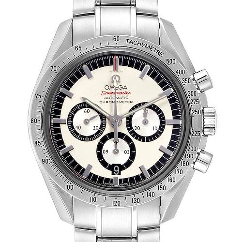 The image shows a front-facing view of the Omega Speedmaster 3506.31.00 Men's Stainless Steel Silver Dial 3506.31.00 Men's Stainless Steel Silver Dial watch, detailing its dial, subdials, tachymeter, and bracelet.