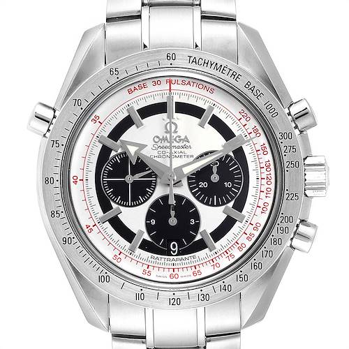 This image shows a front view of an Omega Speedmaster 3582.31.00 Men's Stainless Steel Silver Dial 3582.31.00 Men's Stainless Steel Silver Dial watch, highlighting its dial, bezel, and bracelet.