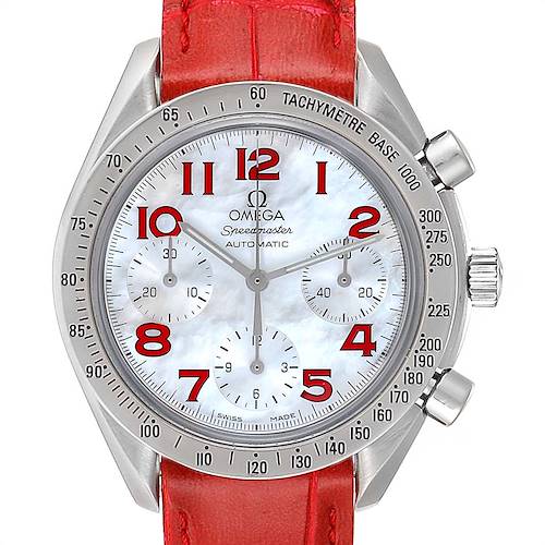 The image shows a front view of an Omega Speedmaster 3834.79.40 Women's Stainless Steel Mother of Pearl Dial 3834.79.40 Women's Stainless Steel Mother of Pearl Dial watch with a red leather strap and a tachymeter bezel.