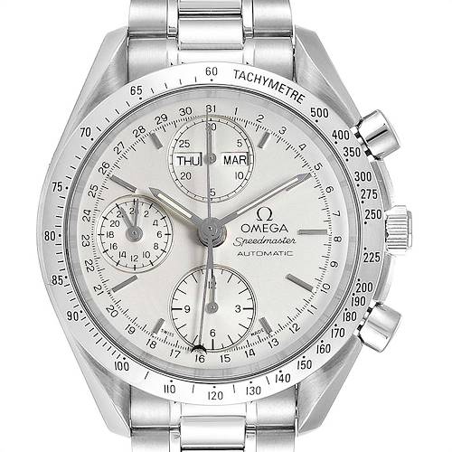 The image shows a frontal view of an Omega Speedmaster 3521.30.00 Men's Stainless Steel Silver Dial 3521.30.00 Men's Stainless Steel Silver Dial watch, highlighting its dial, chronograph subdials, date display, and tachymeter bezel.