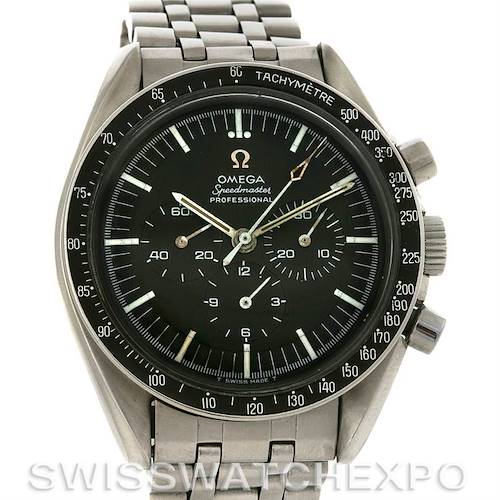The image shows a front view of the Omega Speedmaster Men's Stainless Steel Black Dial Men's Stainless Steel Black Dial watch, highlighting the black dial, chronograph subdials, and tachymeter bezel.