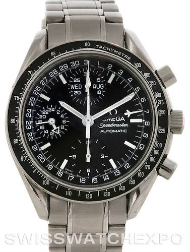 This Omega Speedmaster Stainless Steel Black Dial Stainless Steel Black Dial watch is shown from a front angle displaying the face, bezel, and metal bracelet.
